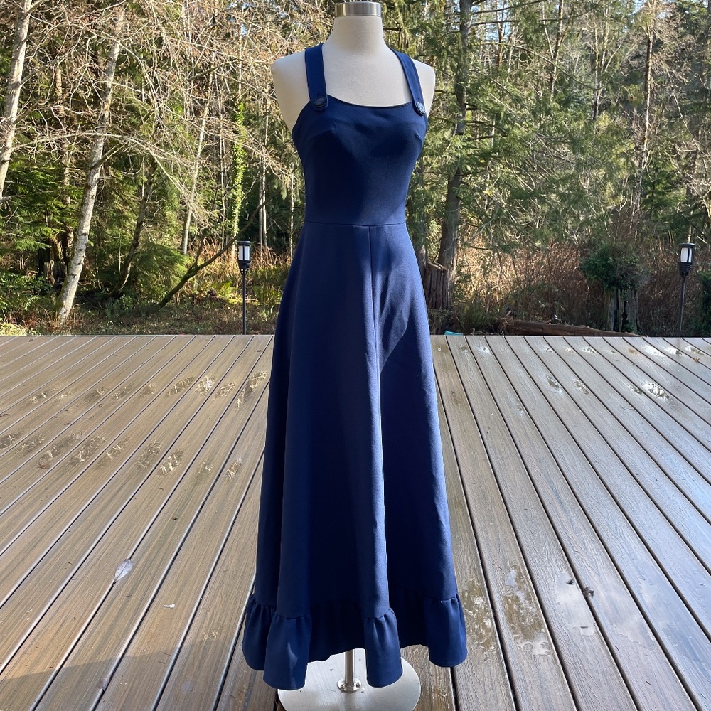 Vintage Navy Ruffle-Hem Maxi Overall Dress